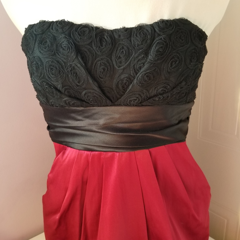 rose red & black strapless mini dress